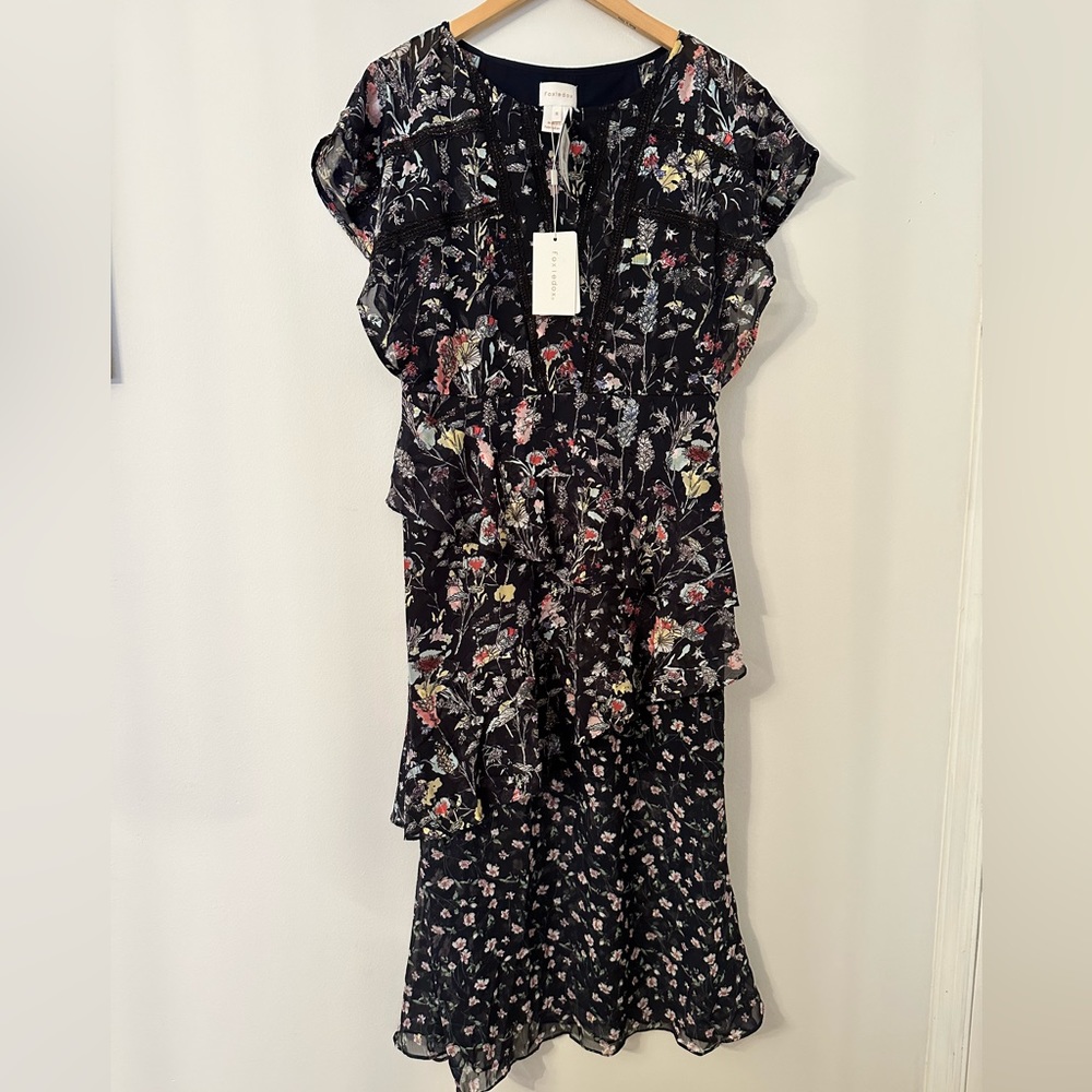 NWT Foxiedox Carolina Floral Midi Dress in Black (Size 8)